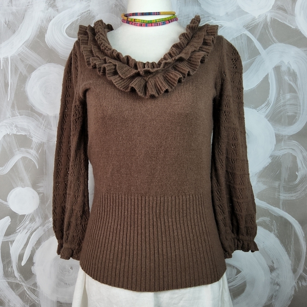 ARDEN B Sweater Top Wmns S Brown Angora Blend Ruffle Drop Collar Chic CozyCore